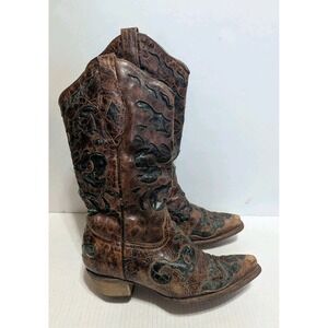 Corral Boots Brown & Teal Underlay Leather Western Boots Women Size 7.5 M